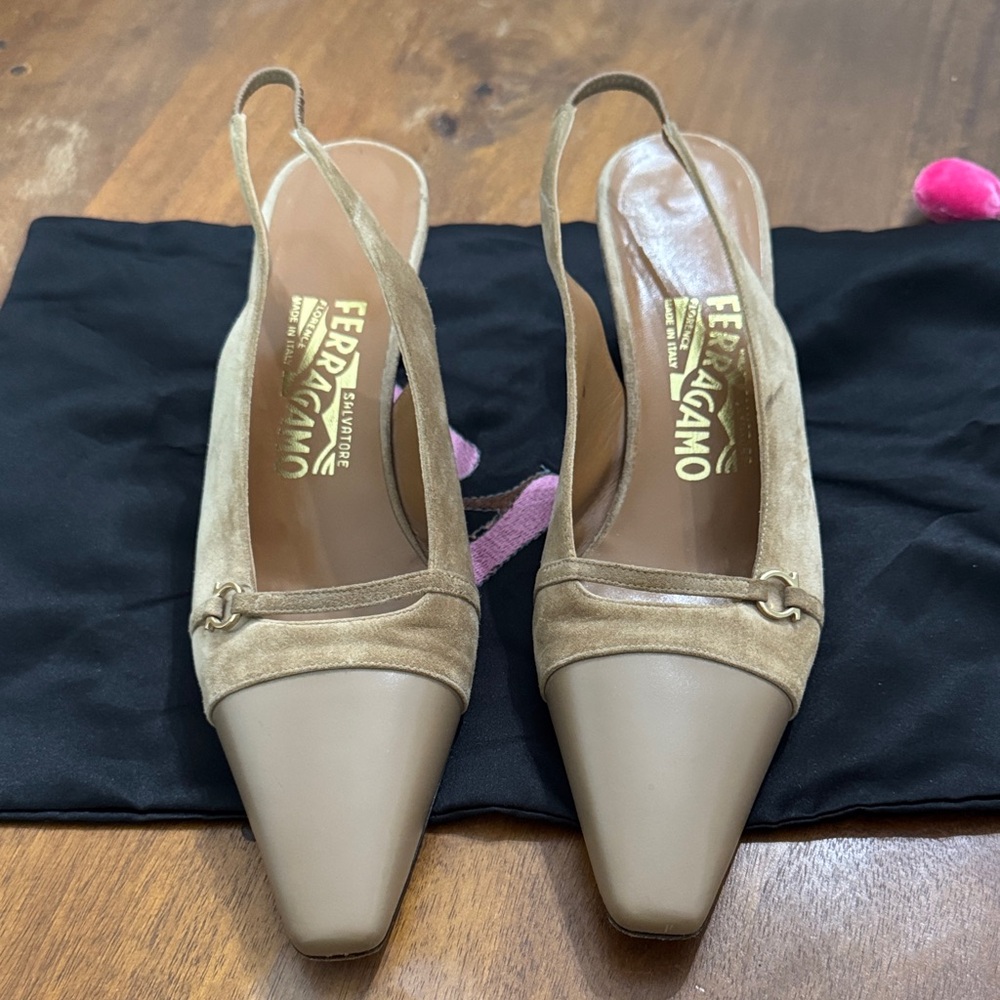 Salvatore Ferragamo Beige and Tan Slingback Heels